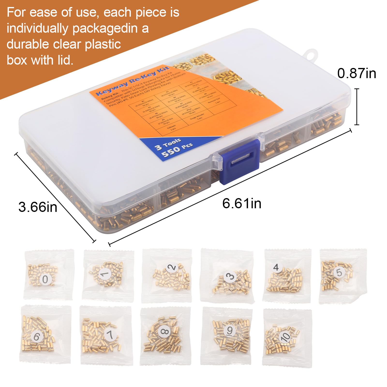 Shiguan top pins 0-180 50-count for accurate pin heights during rekeying.