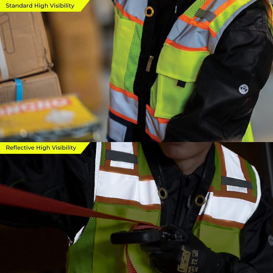 Shine Bright vest layout highlighting six pockets for tools and IDs