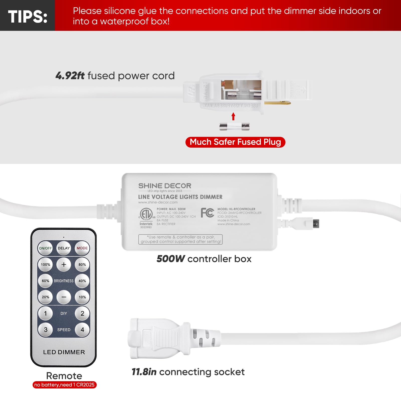 Close-up of Shine Decor remote control for easy brightness adjustment