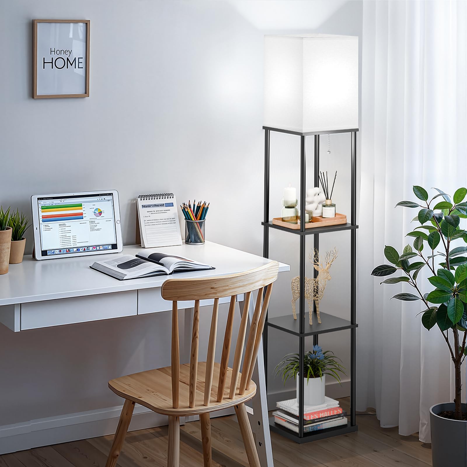 SHINE HAI floor lamp in living room setting blends illumination and storage elegantly.
