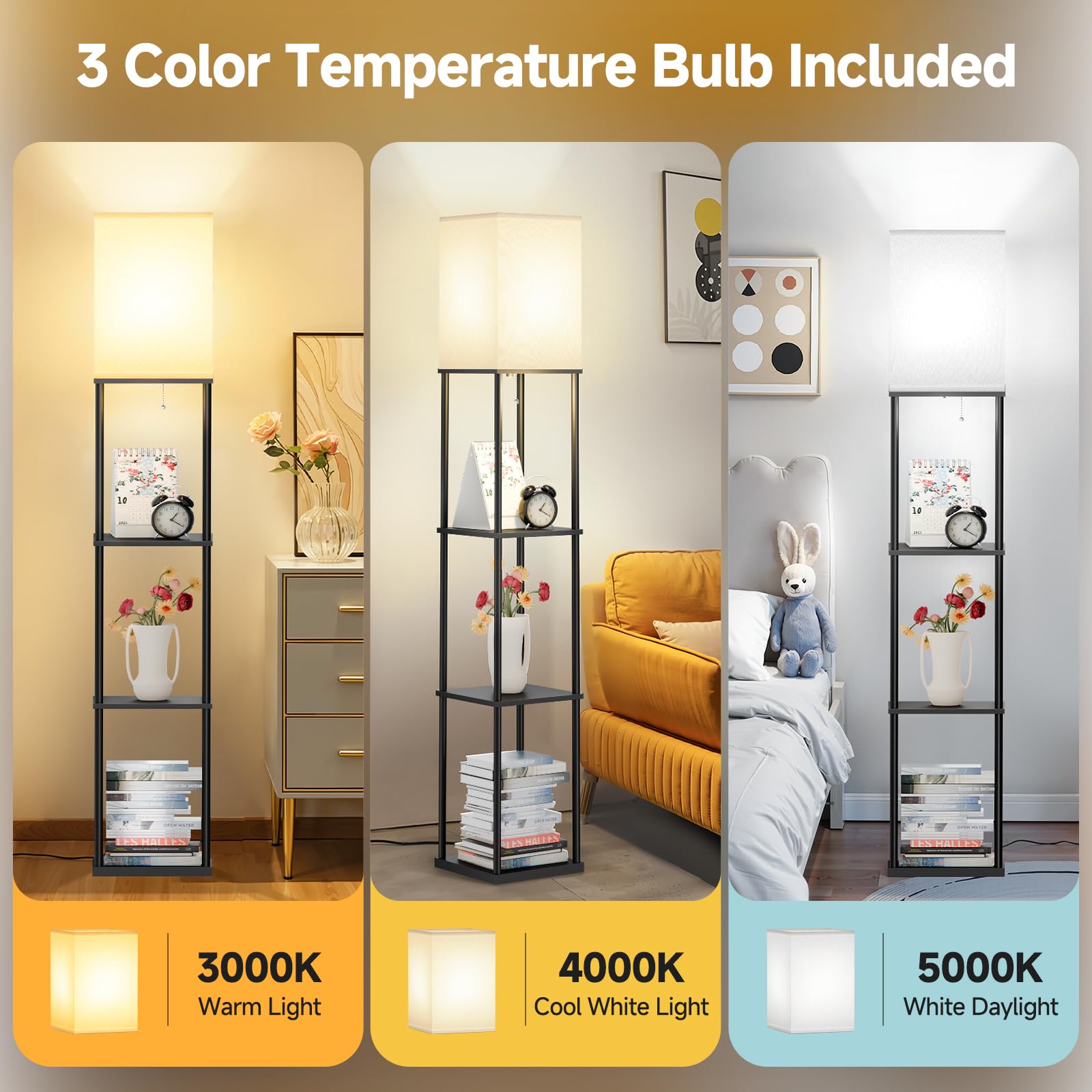SHINE HAI floor lamp with shelves side view highlights three-tier storage for decor and books.