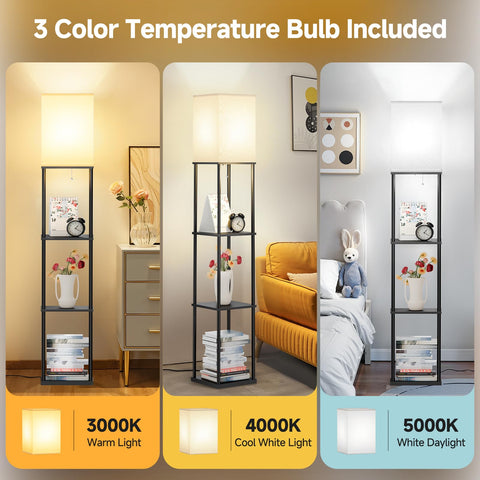 SHINE HAI floor lamp with shelves side view highlights three-tier storage for decor and books.