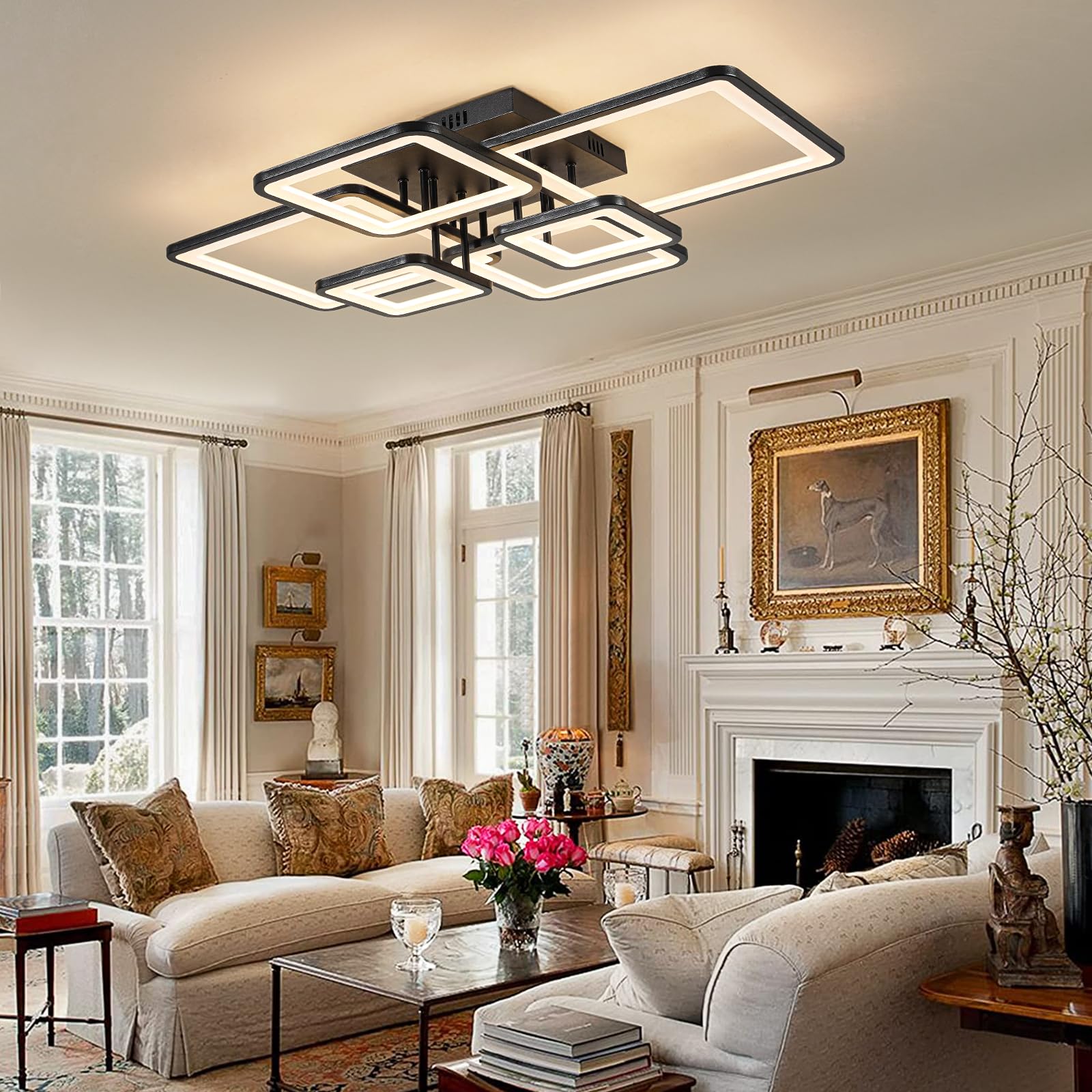 Shine LUEST ceiling light over dining area, creates refined dining-room atmosphere.