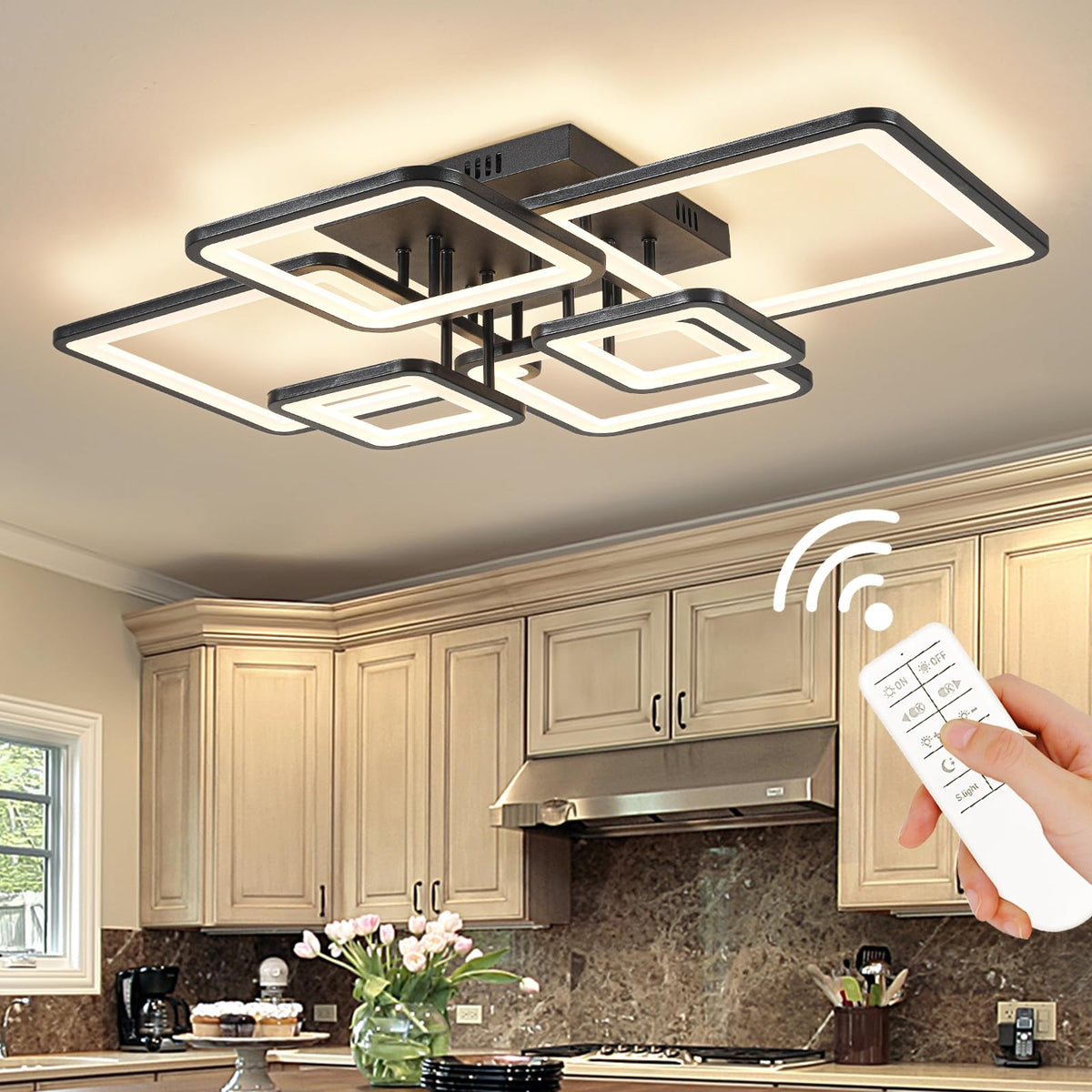 Shine LUEST 6-ring square ceiling light front view, dimmable with remote for versatile ambiance.