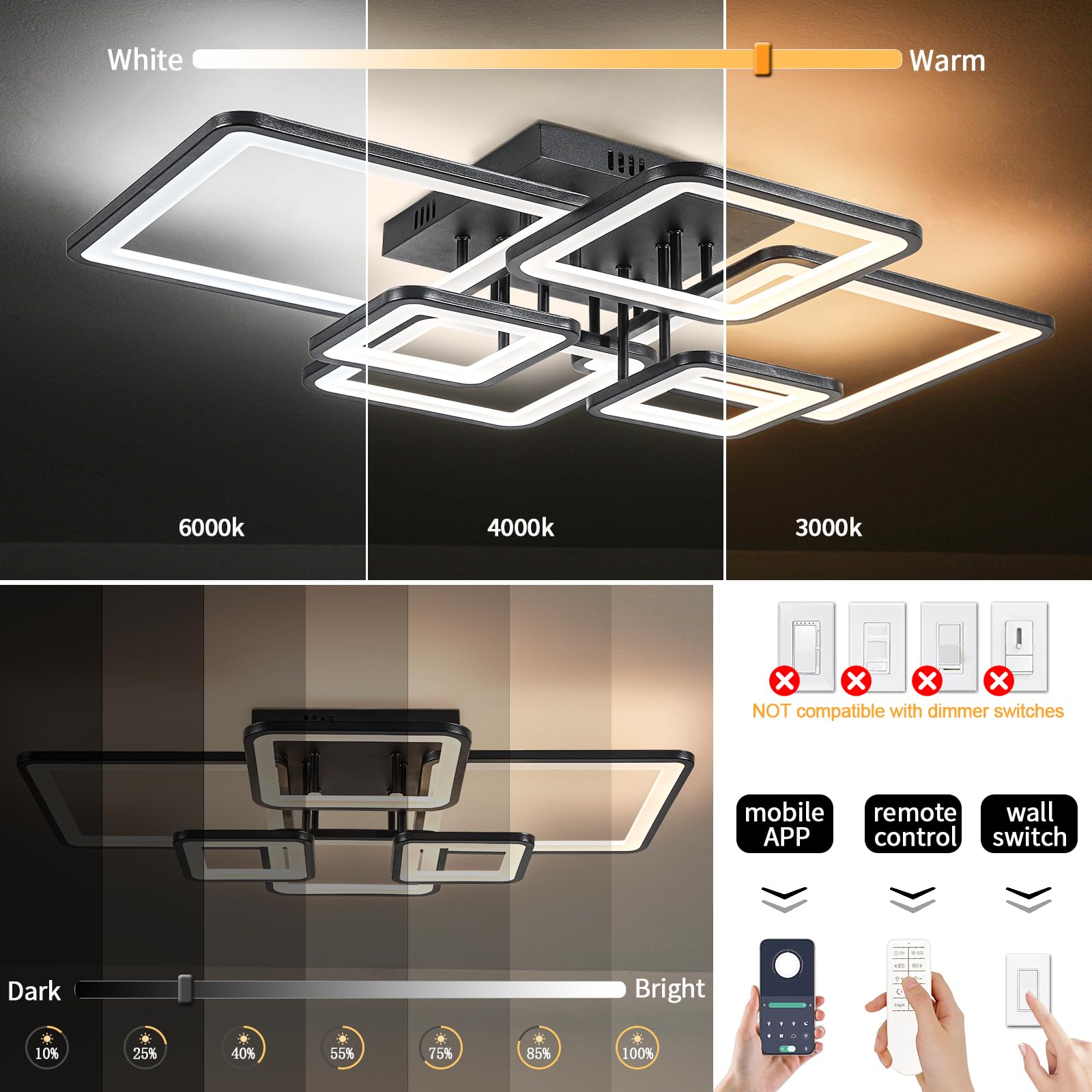 Shine LUEST remote-controlled ceiling light, perfect for living room evening scenes.