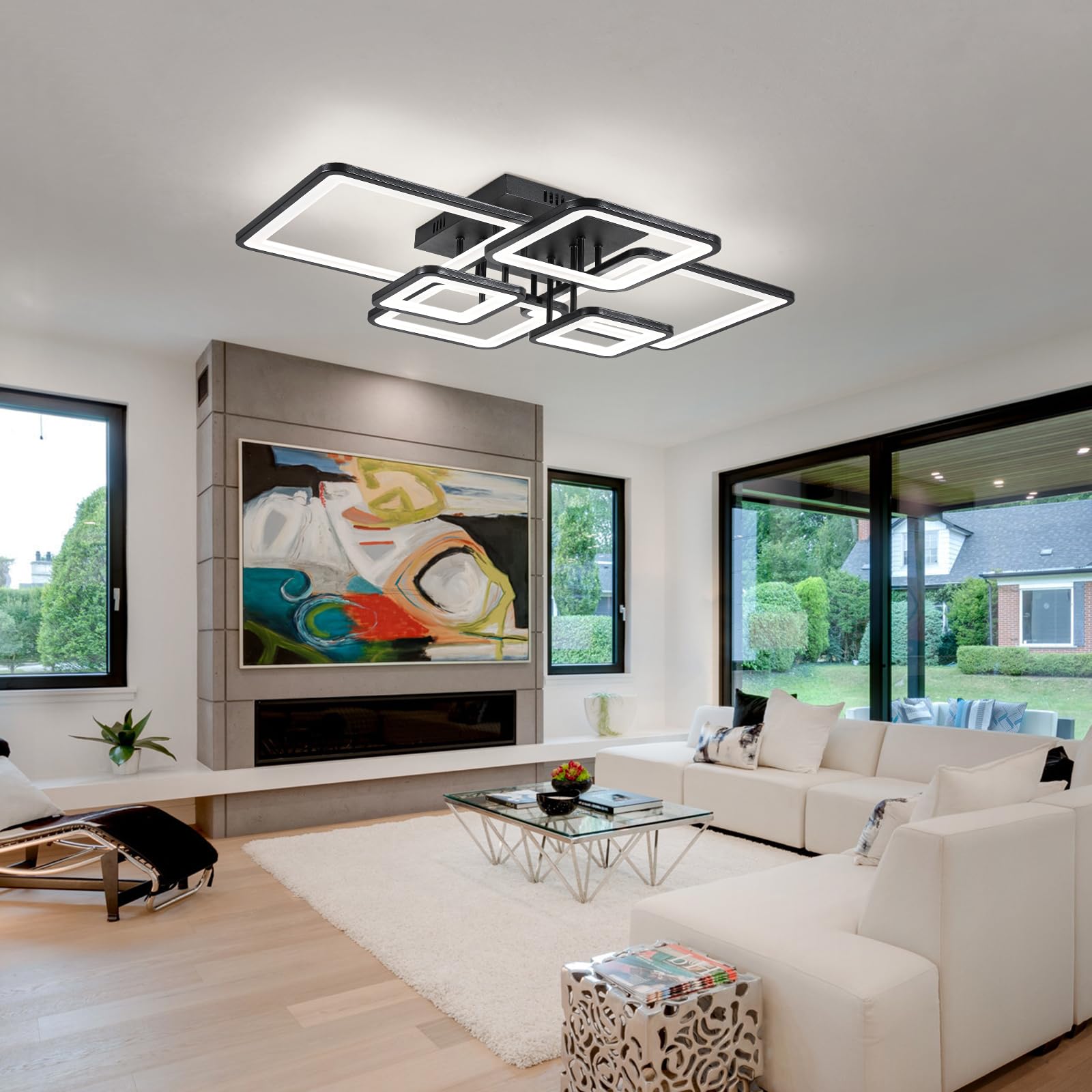 Shine LUEST 6-ring square ceiling light side view, sleek aluminum and acrylic build.