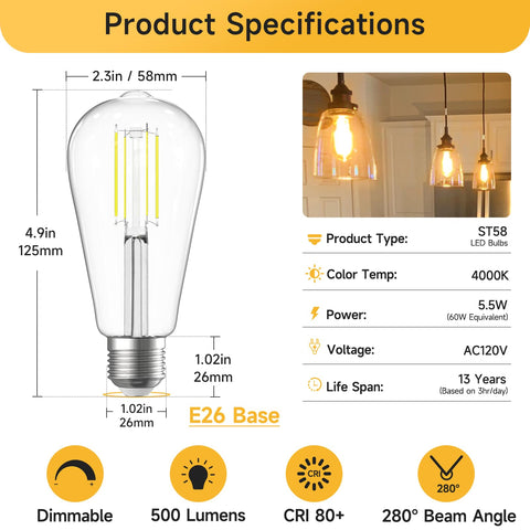 SHINESTAR ST58 vintage filament bulbs close-up in clear glass