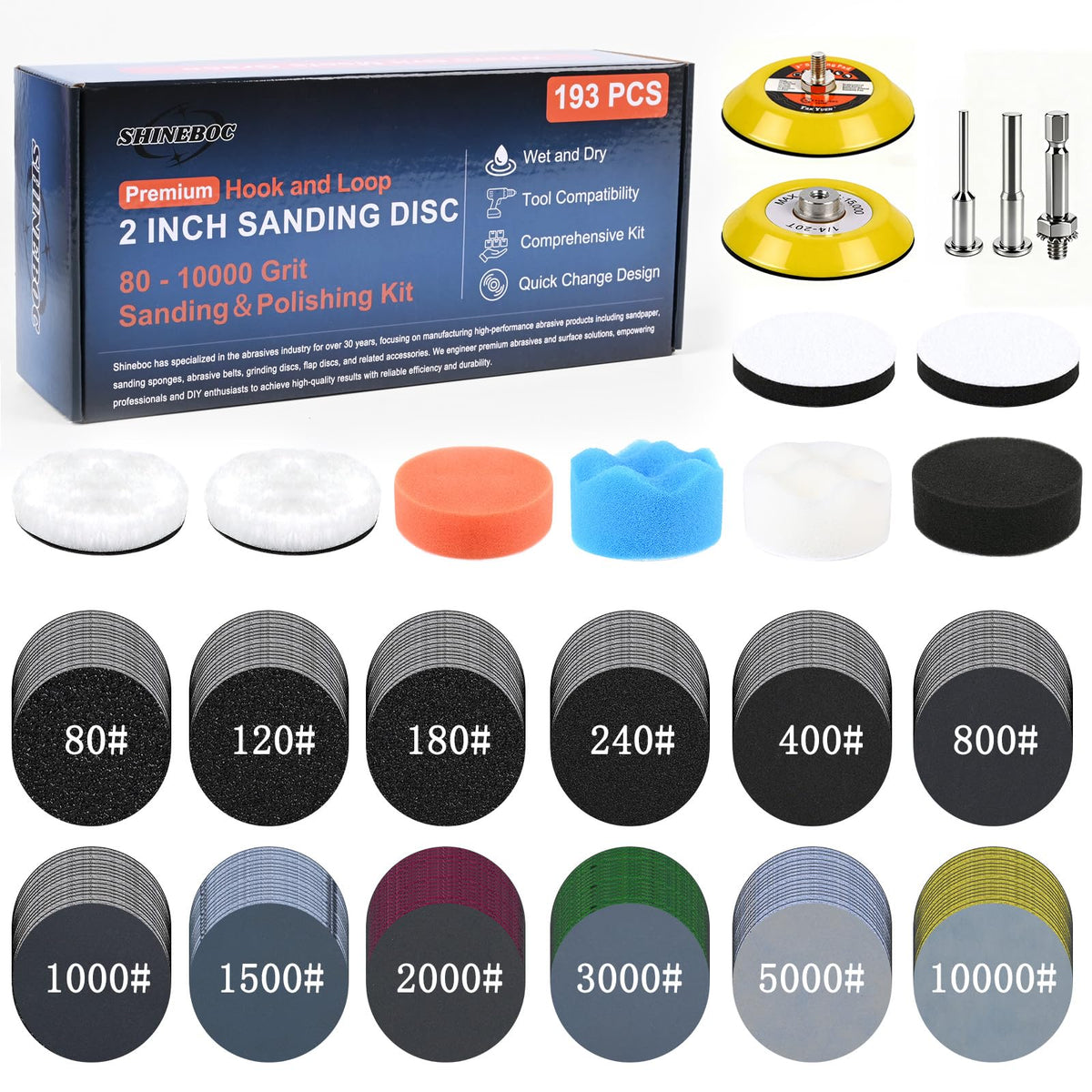 Shineboc 193pcs 2in sanding discs for versatile auto, wood, and metal prep.