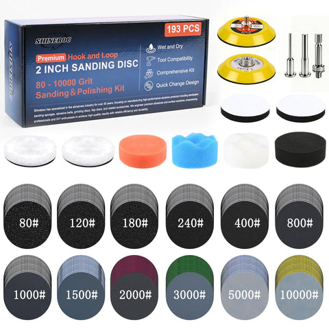 Shineboc 193pcs 2in sanding discs for versatile auto, wood, and metal prep.