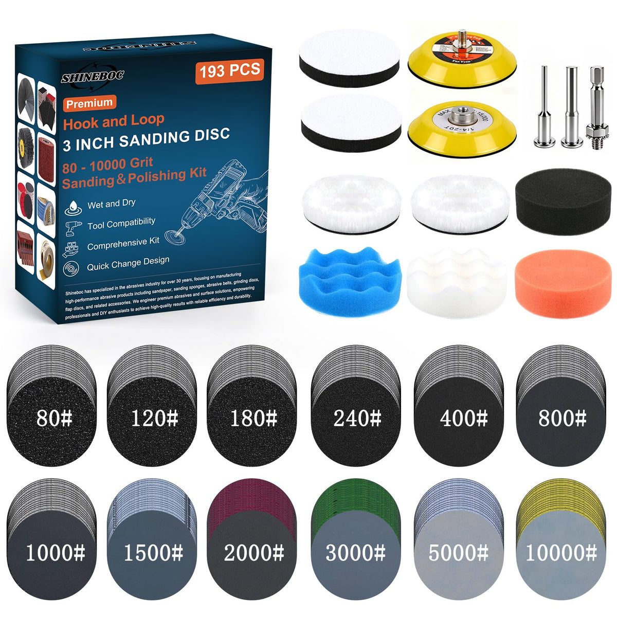 Shineboc 193Pcs 3-Inch sanding discs set for precise metal and auto finishing
