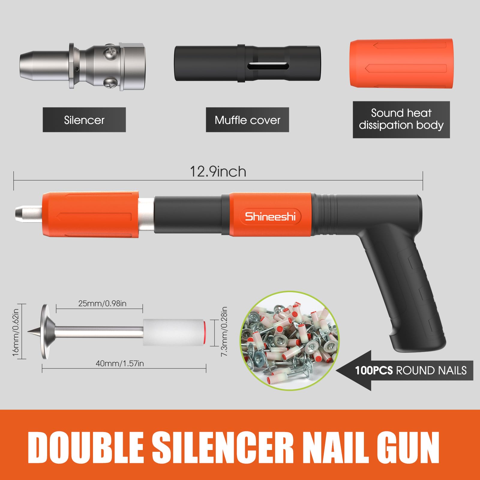 Shineeshi nail gun kit suited for concrete and steel applications