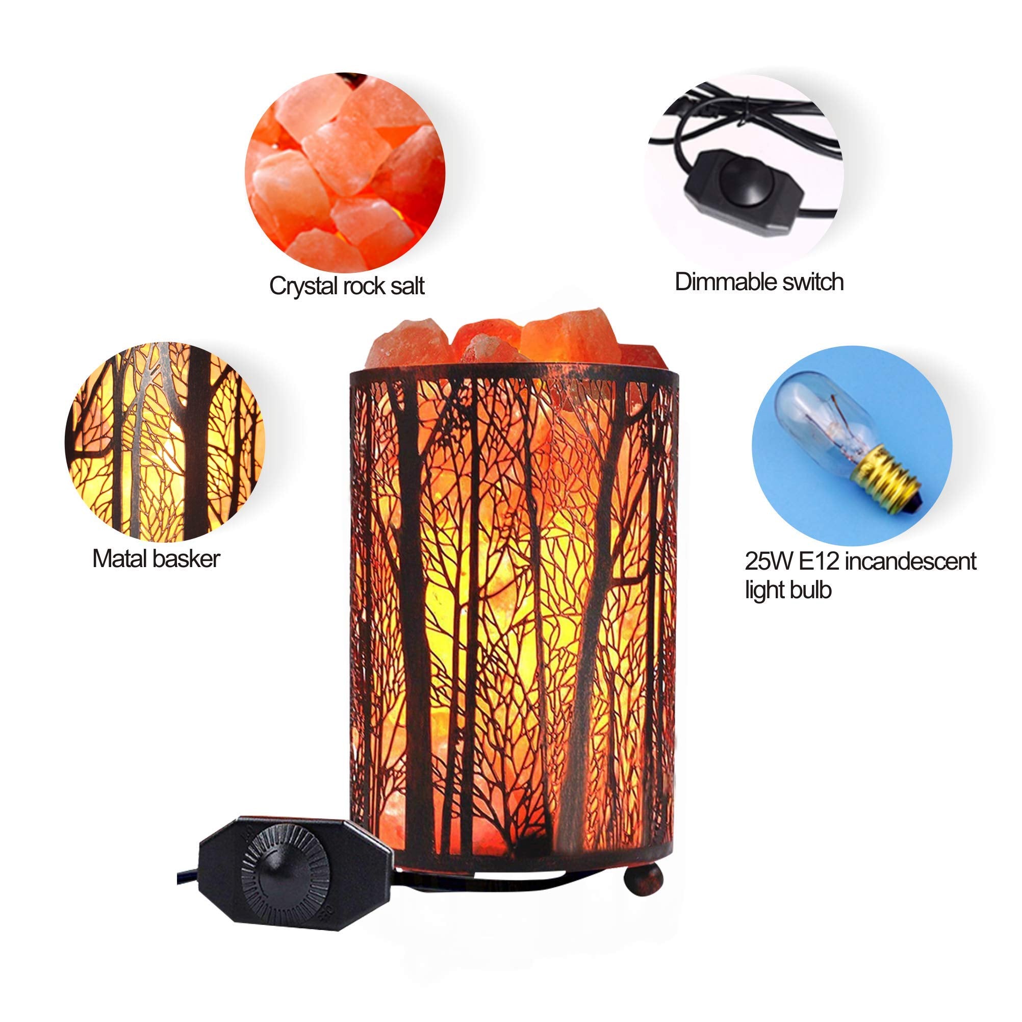 Shineled Salt Lamp in forest basket with dimmer casting natural wall patterns