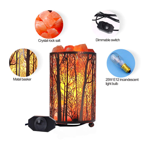 Shineled Salt Lamp in forest basket with dimmer casting natural wall patterns