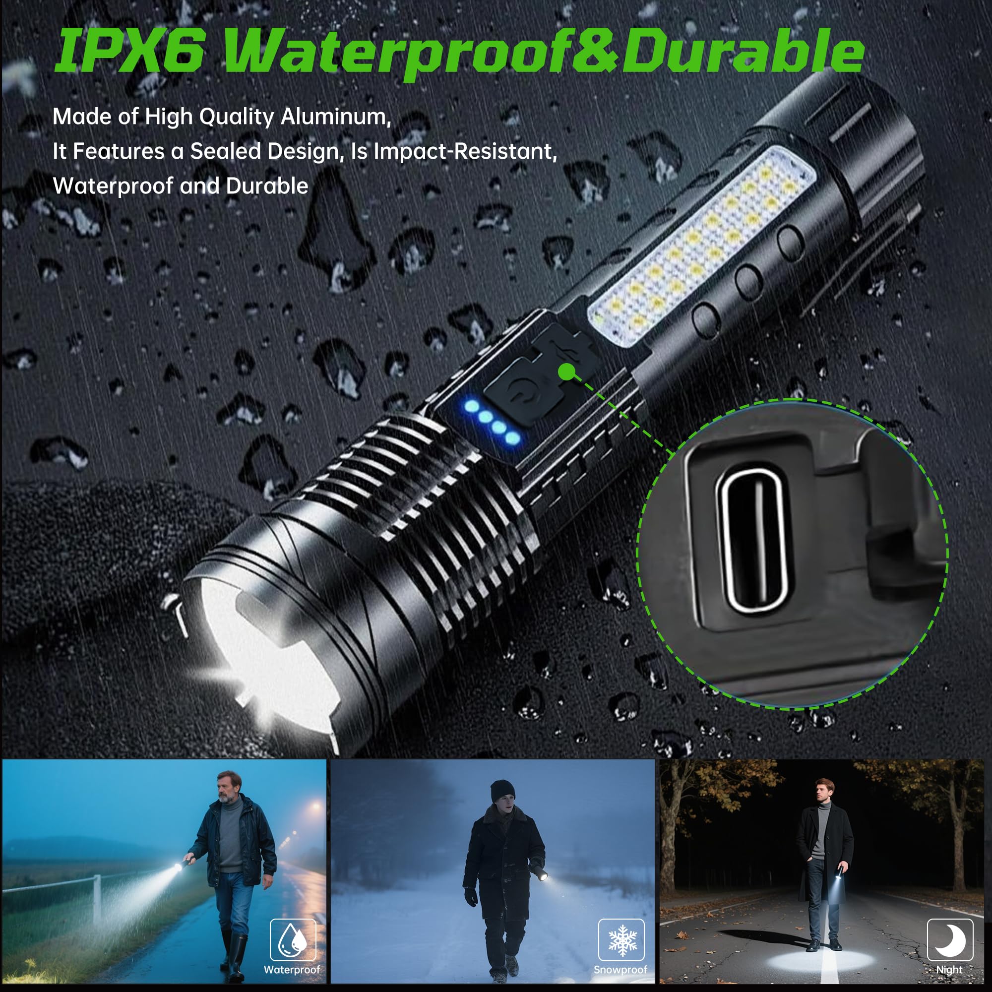 ShineRover IPX6 durable body and aluminum head ready for wet or rugged conditions.