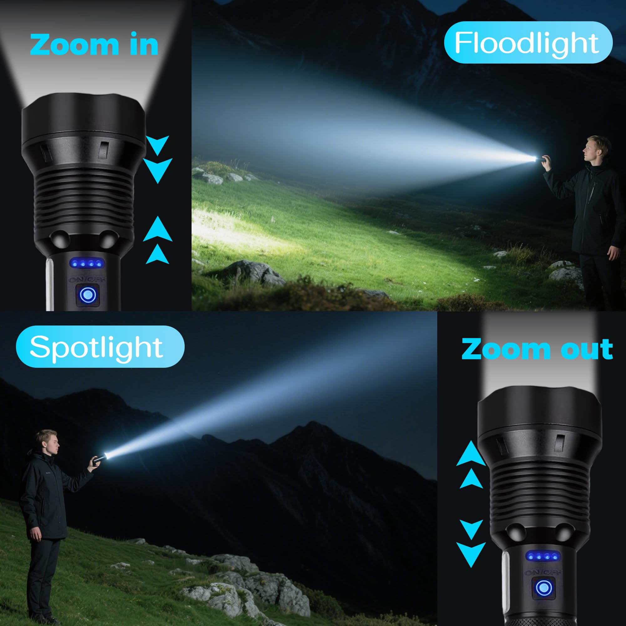ShineRover zoom focus flashlight switches between flood and spotlight for versatility