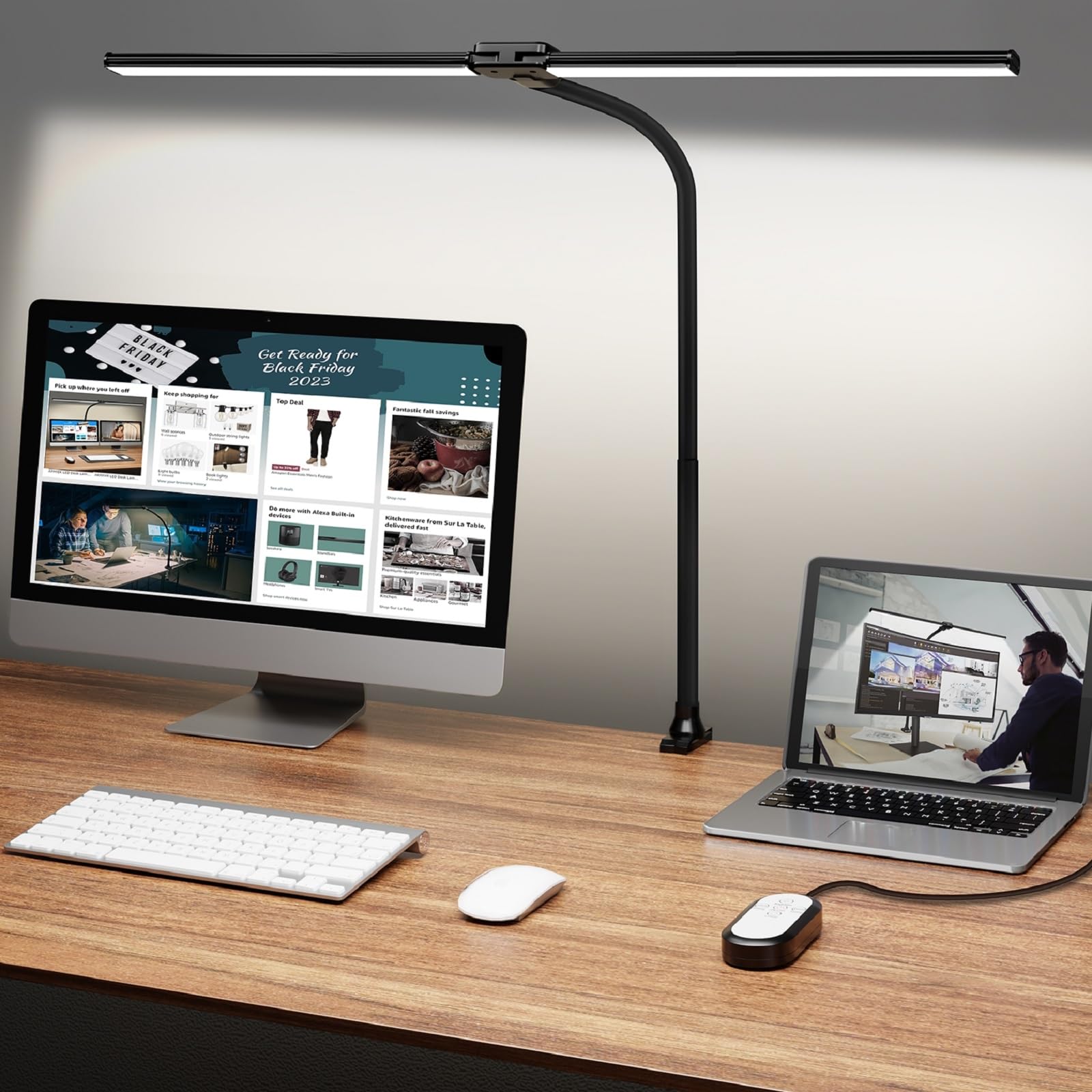 ShineTech dual-head desk lamp with wide LED bar brightens large workspaces