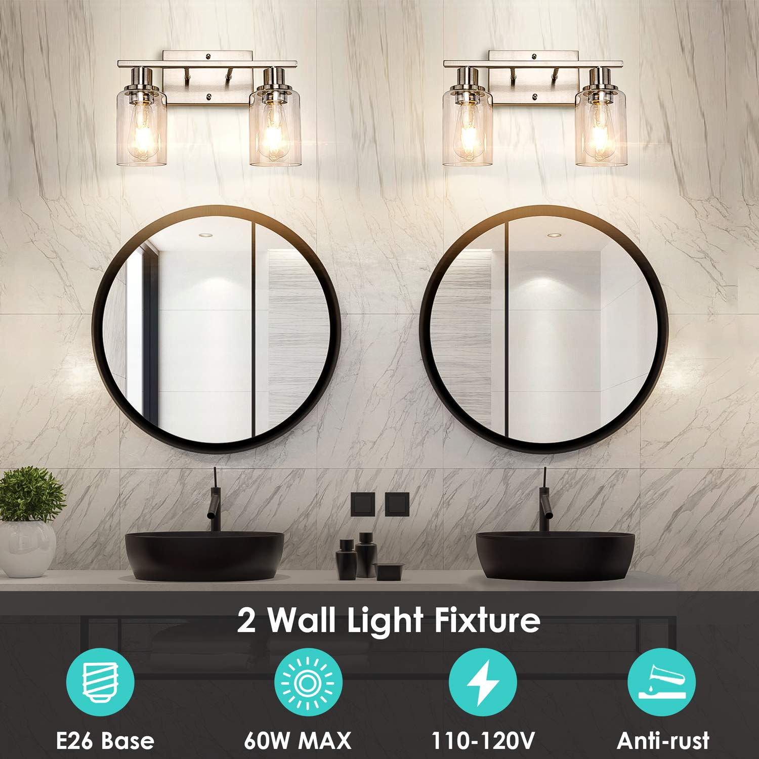 ShineTech over-mirror light in brushed nickel enhances mirror visibility.