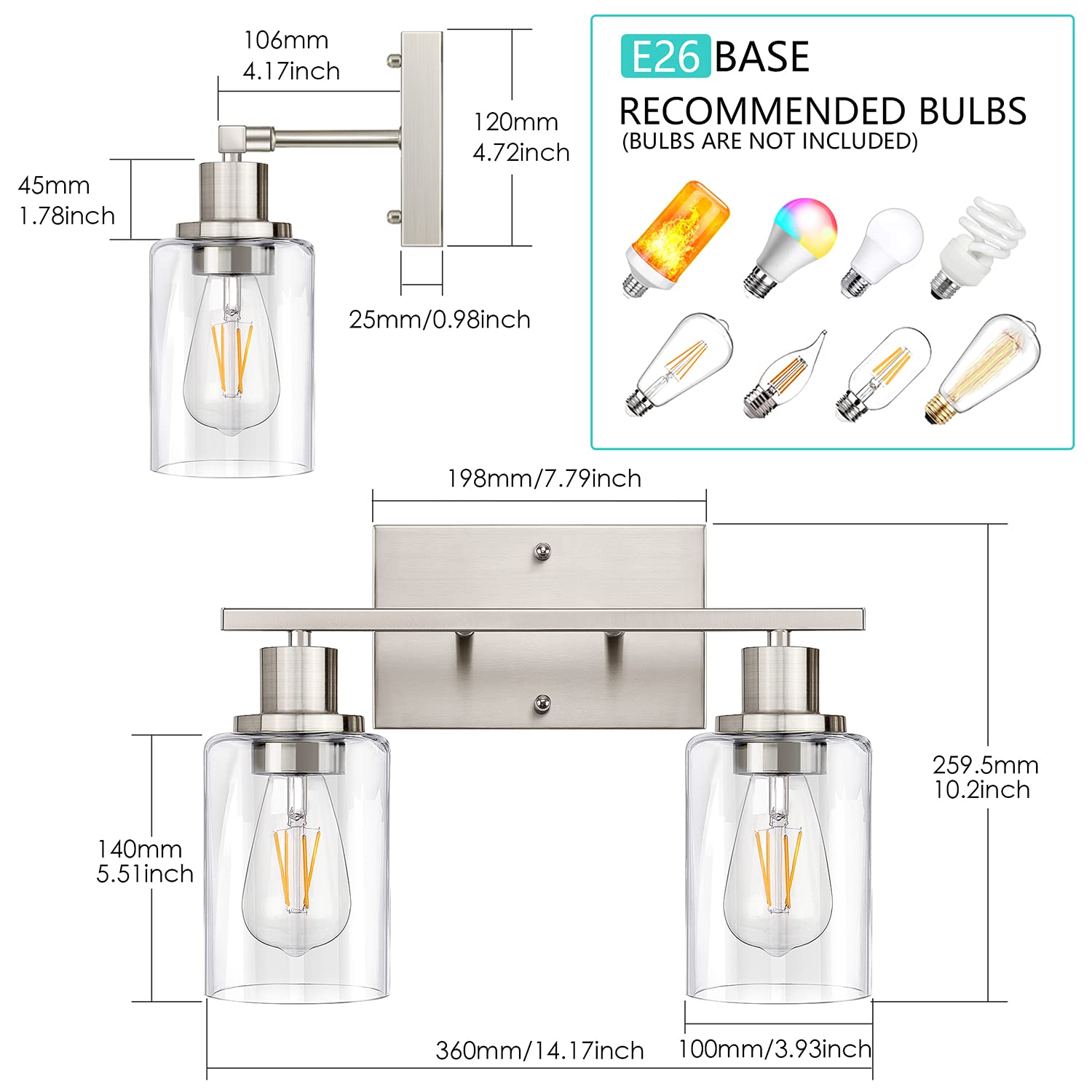 ShineTech vanity light with clear shade in brushed nickel adds modern brightness.