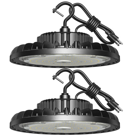 SHINEWOO LED high bay light 150W pack shot shows bright efficiency for garages