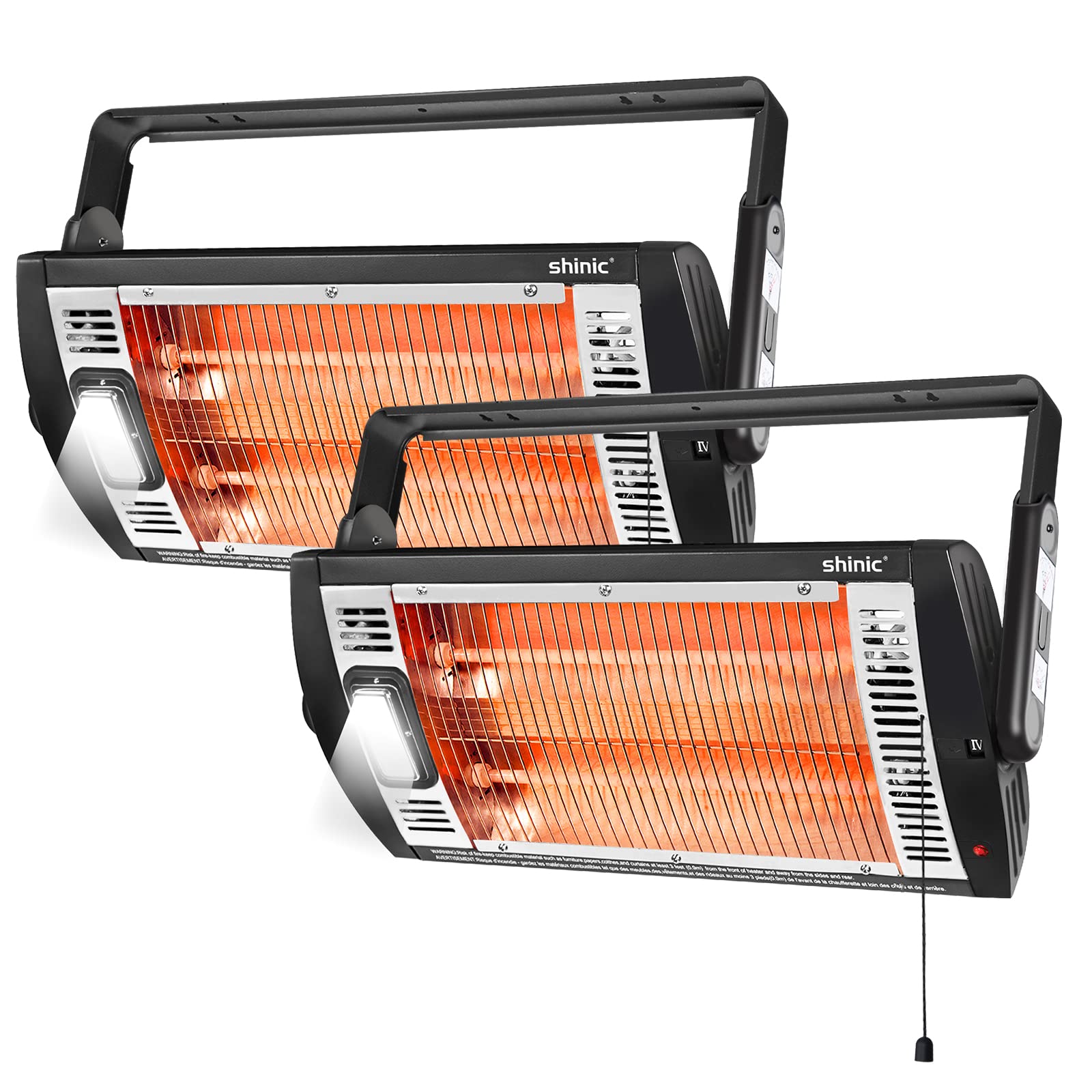 Shinic 2-pack ceiling mounted heater with halogen light for enhanced workshop visibility.