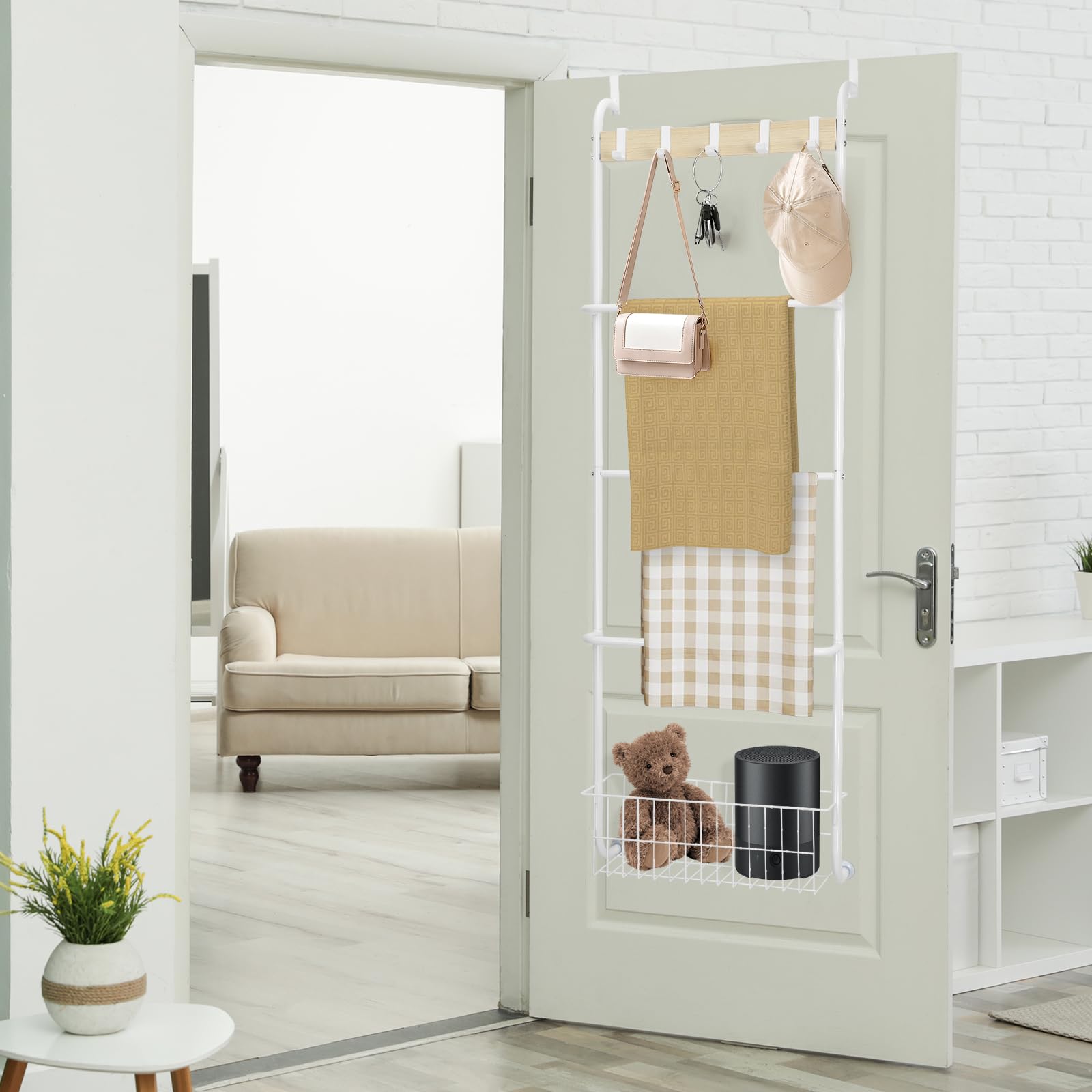 Keeps towels within reach while maintaining door clearance.