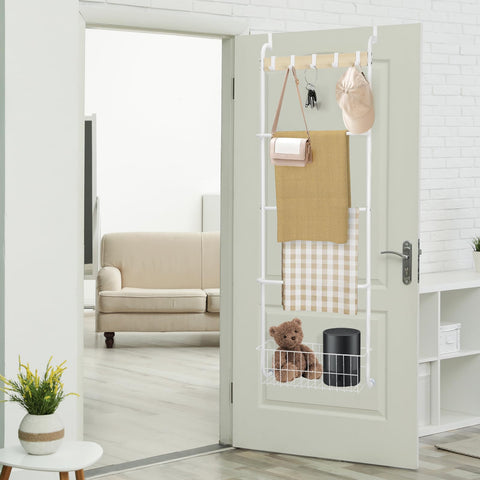 Keeps towels within reach while maintaining door clearance.