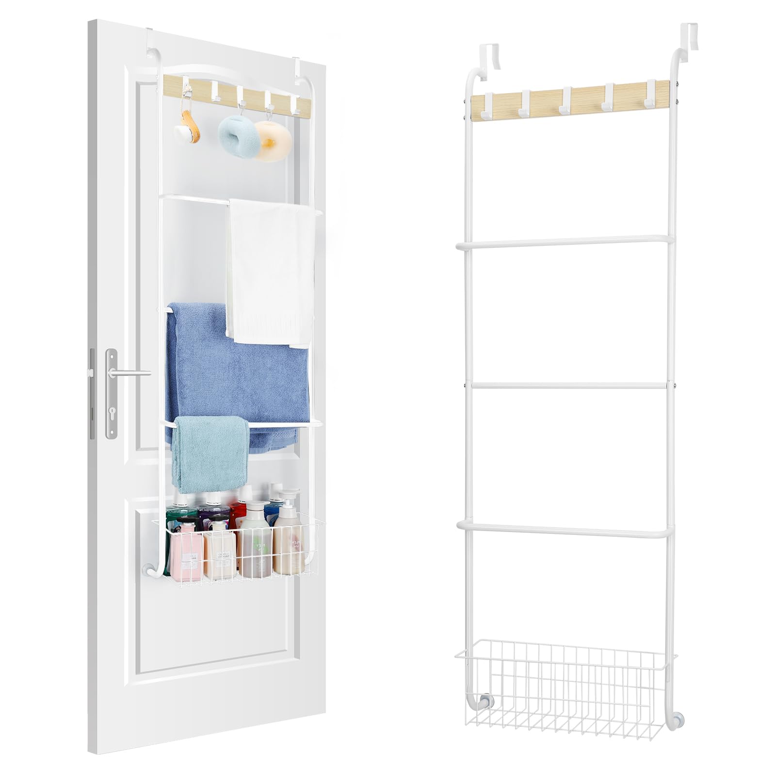 Shinoske over-the-door towel rack in white with five tiers, ideal for compact spaces.