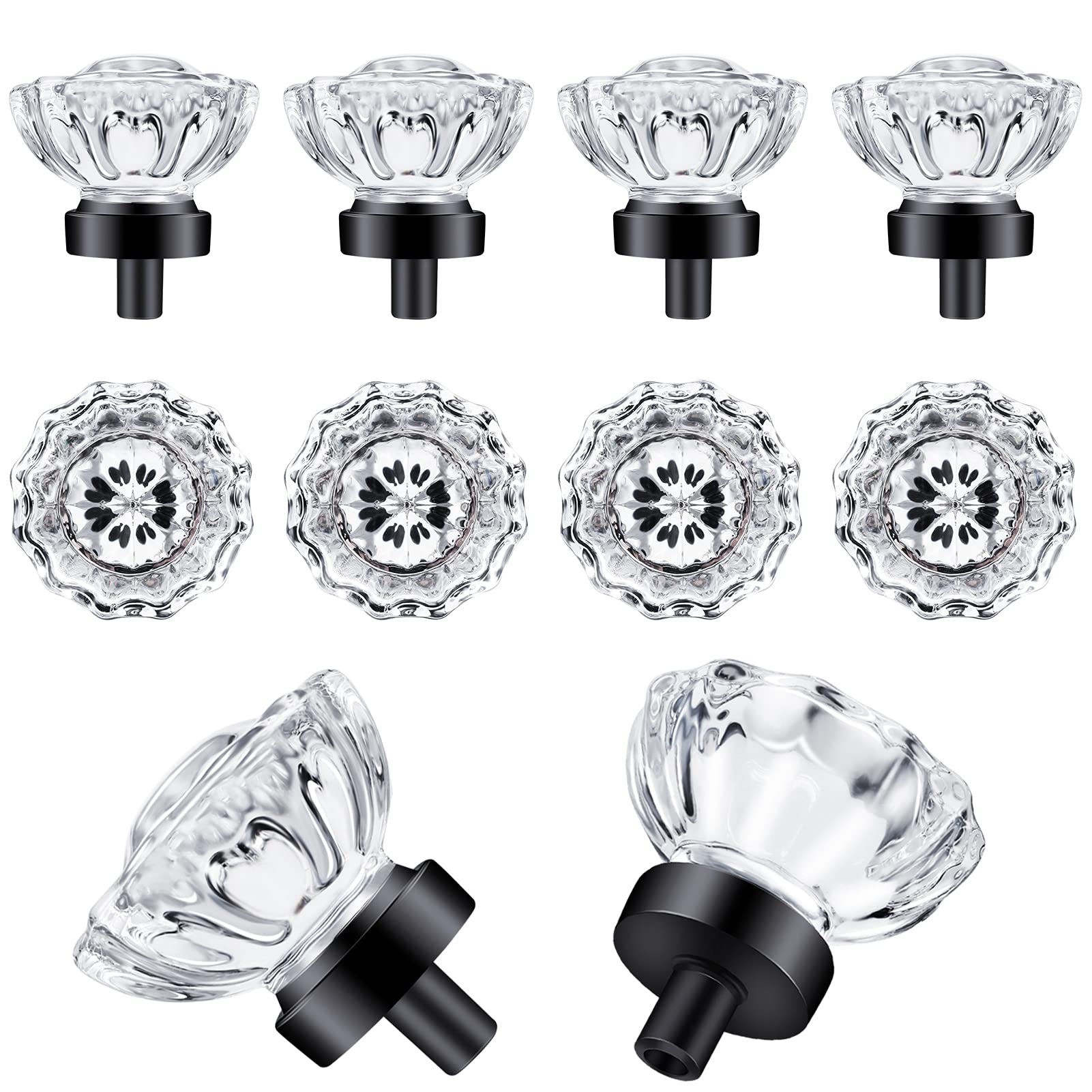 SHINY HANDLES glass crystal knob with matte black base on cabinet captures light for a timeless sparkle.