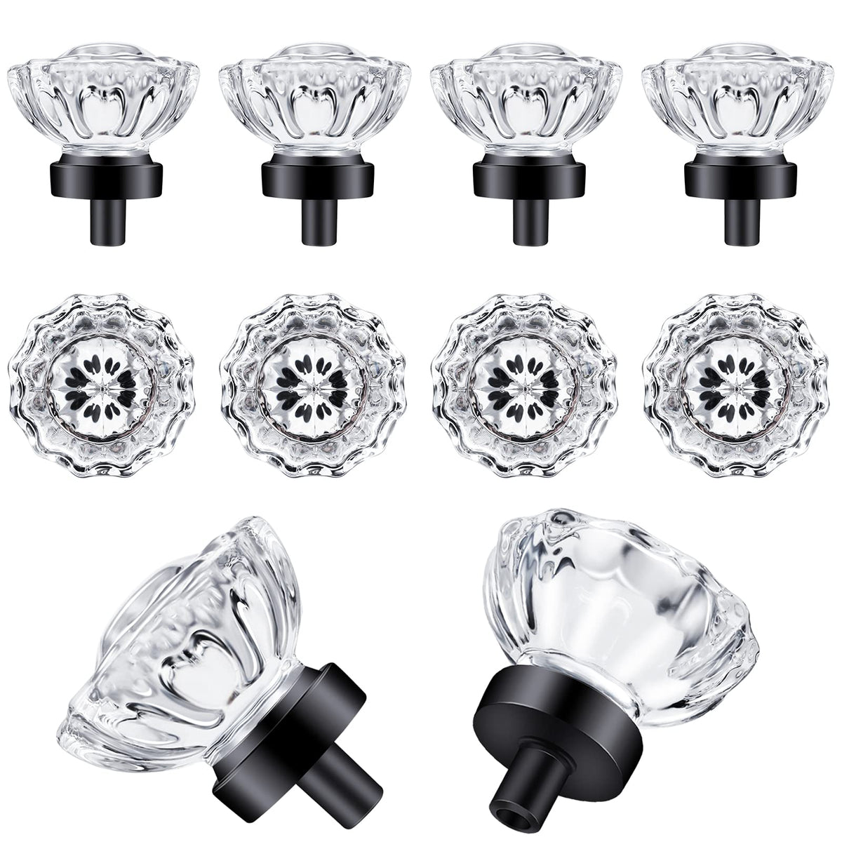 SHINY HANDLES glass crystal knob with matte black base on cabinet captures light for a timeless sparkle.