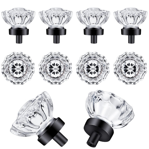 SHINY HANDLES glass crystal knob with matte black base on cabinet captures light for a timeless sparkle.