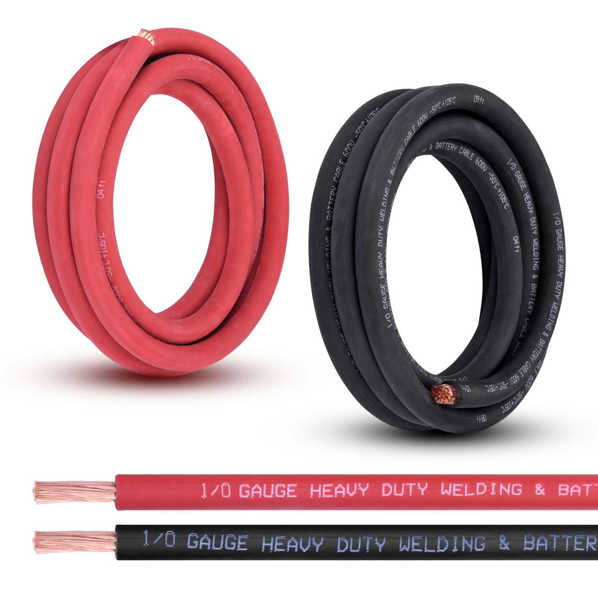 Shirbly 1/0 gauge battery cable full-length view with red and black leads for versatile power setups