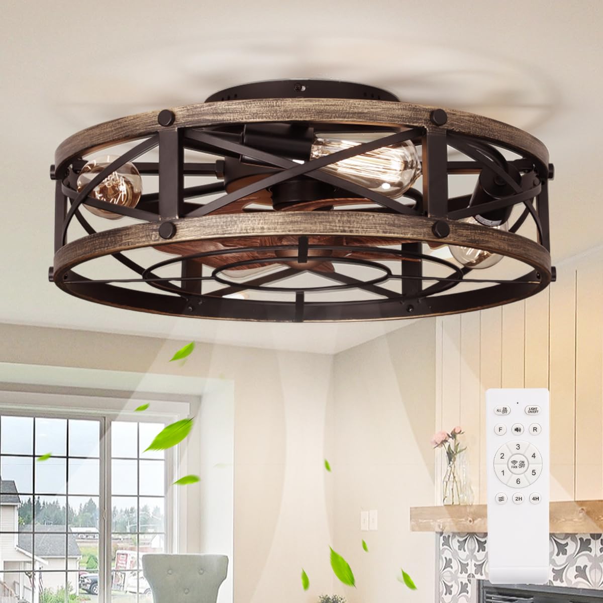 SHLUCE 19-inch farmhouse ceiling fan with cage and light, compact for kitchens and bedrooms.