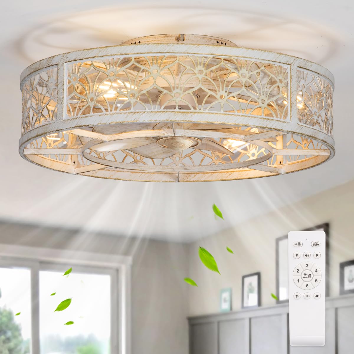 SHLUCE 20in low-profile caged fan with light, compact cooling for bedrooms.
