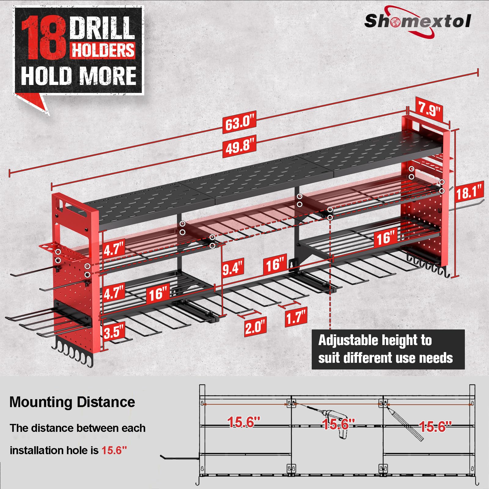 Shomextol wall mount side panels provide versatile hooks for hammers and wrenches.