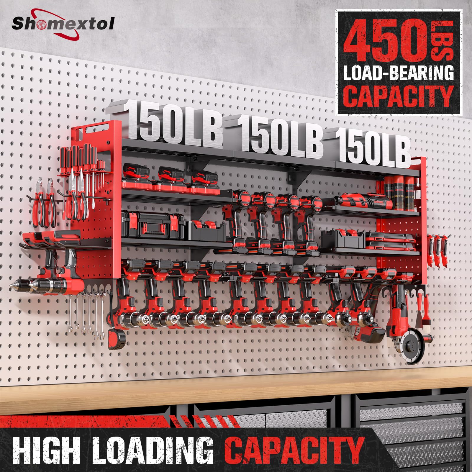 Shomextol four-layer shelves demonstrate heavy-duty strength and weight capacity.