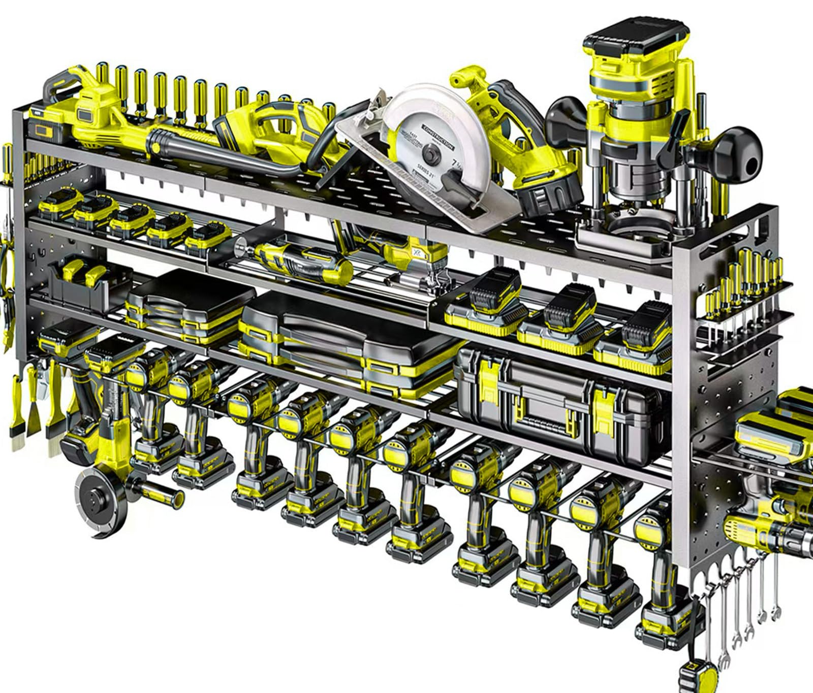 Shomextol wall-mounted power tool organizer with 14 drill holders for easy access