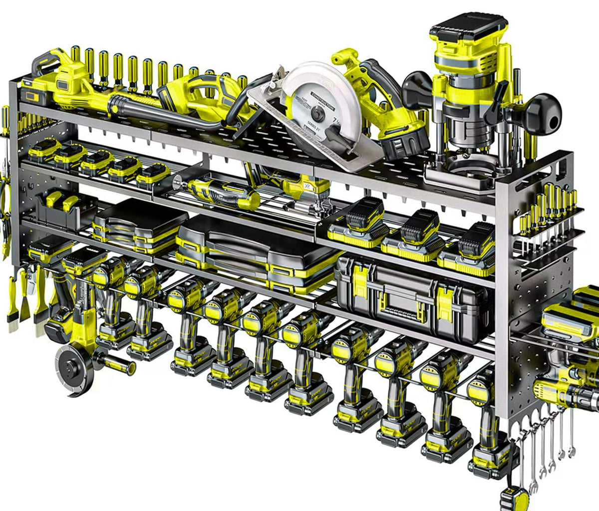 Shomextol wall-mounted power tool organizer with 14 drill holders for easy access