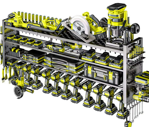 Shomextol wall-mounted power tool organizer with 14 drill holders for easy access