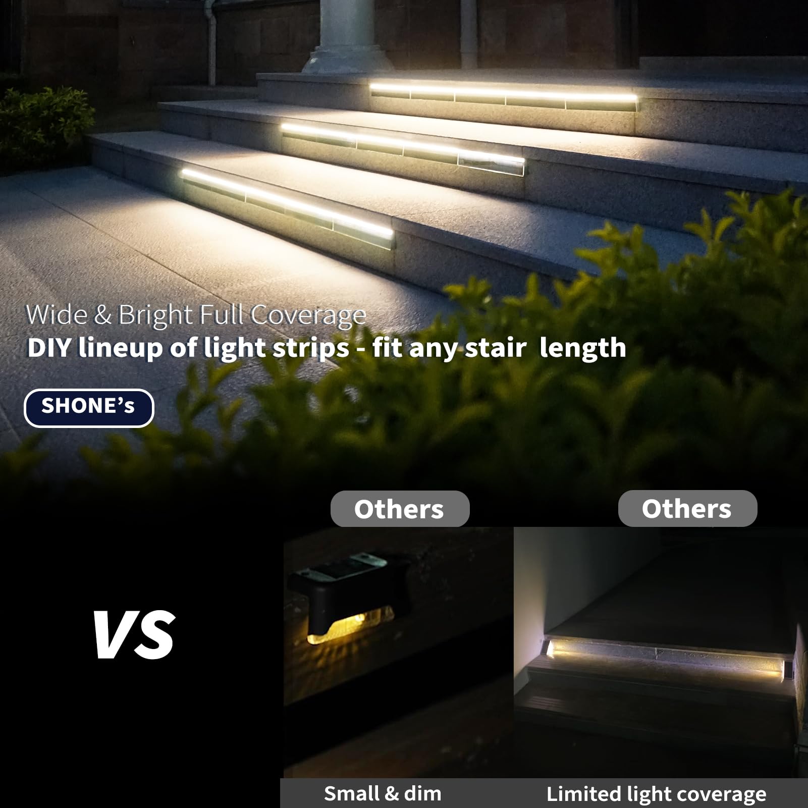 SHONELIGHTING outdoor stair light mounted on a riser for steady nighttime visibility.