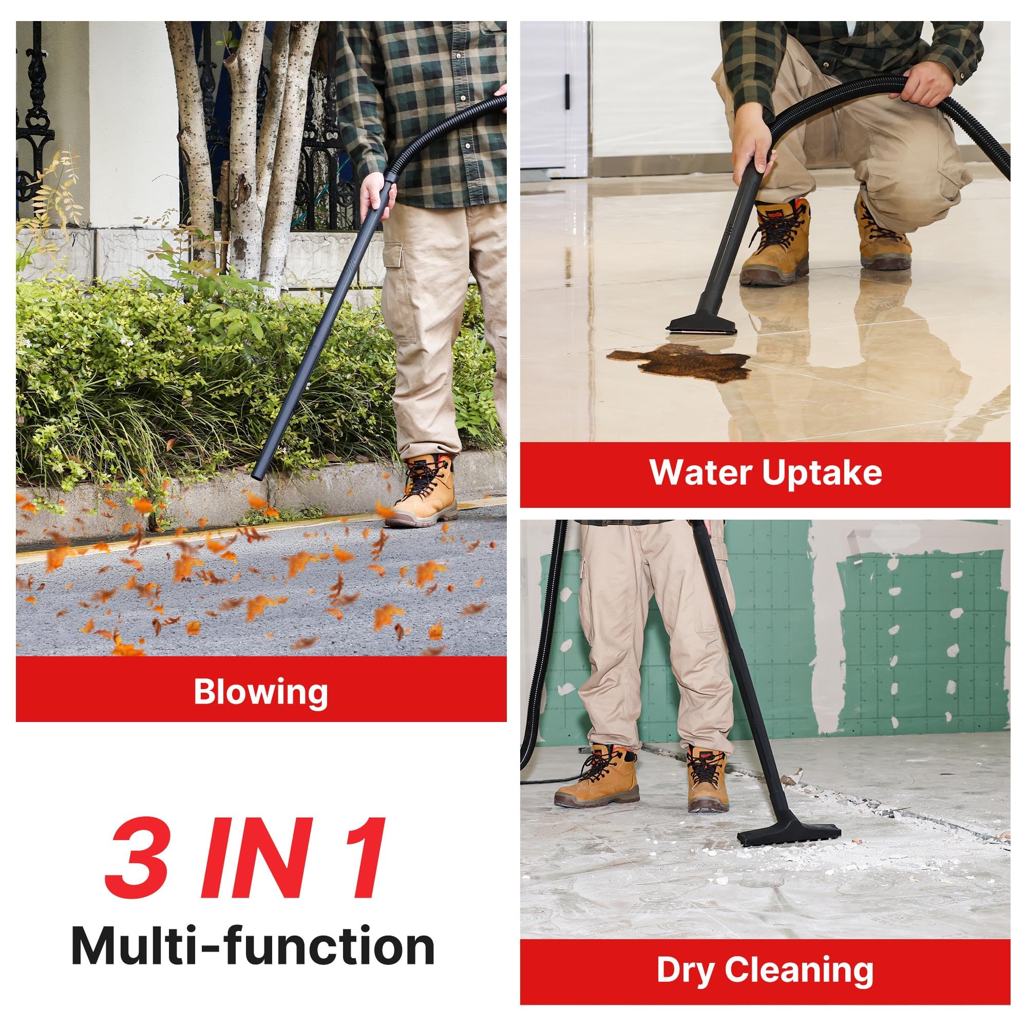 Shop-Vac blower function enables outdoor debris clearing.