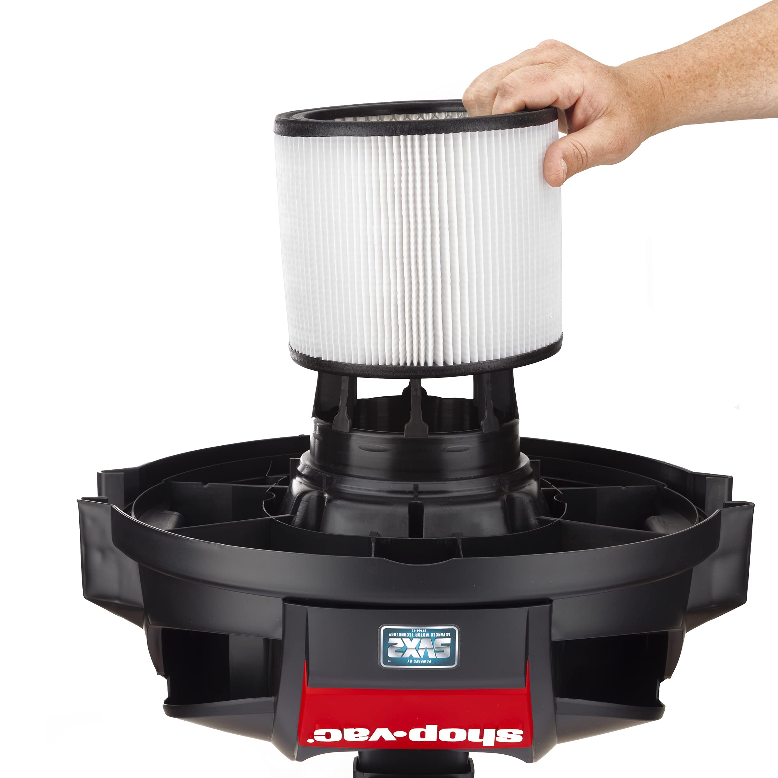 Easy installation of Shop-Vac cartridge filter in compatible vacuums
