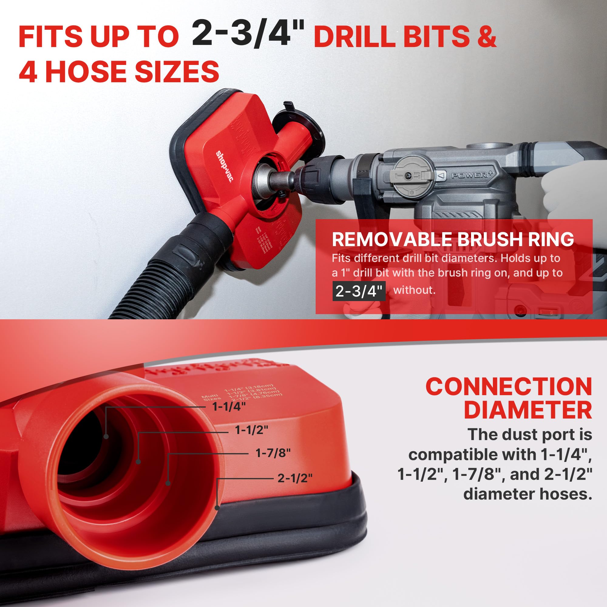 Shop-Vac dust collection attachment with brush ring for efficient dust containment