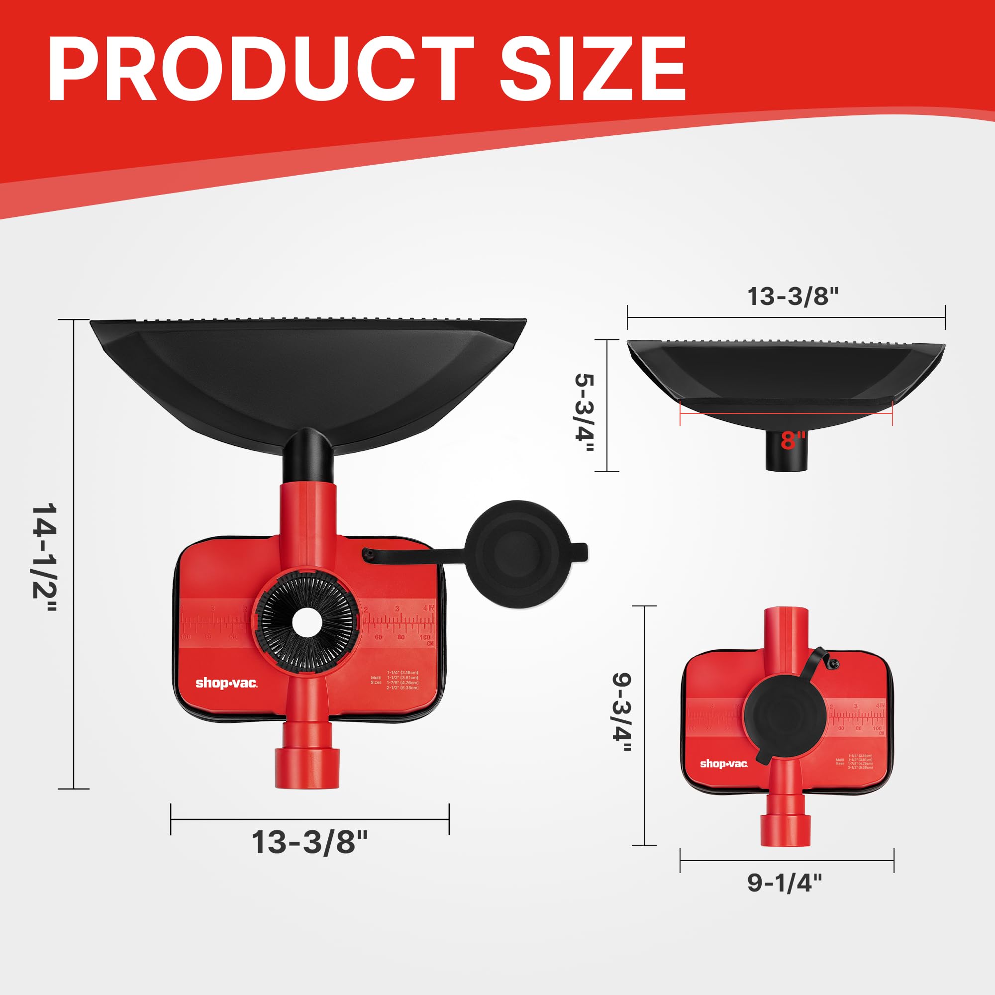Shop-Vac dust collection attachment shows four hose size compatibility in use