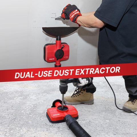 Shop-Vac dust collection attachment mounted to wall for hands-free use