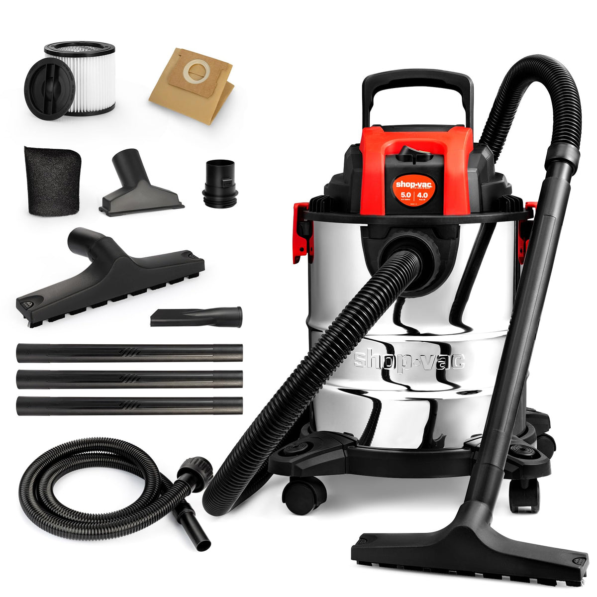 Shop-Vac five-gallon stainless tank for quick garage cleanups.