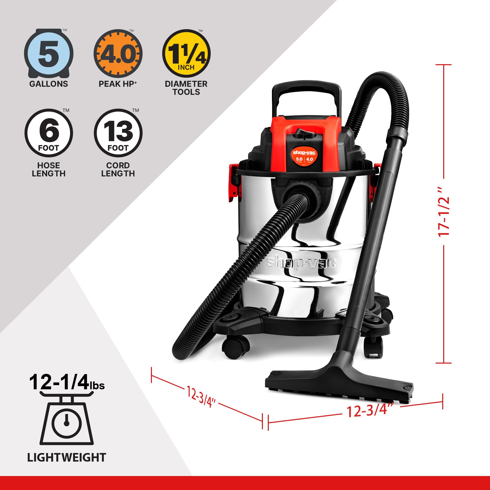 Shop-Vac six-foot hose reaches tight spaces easily.