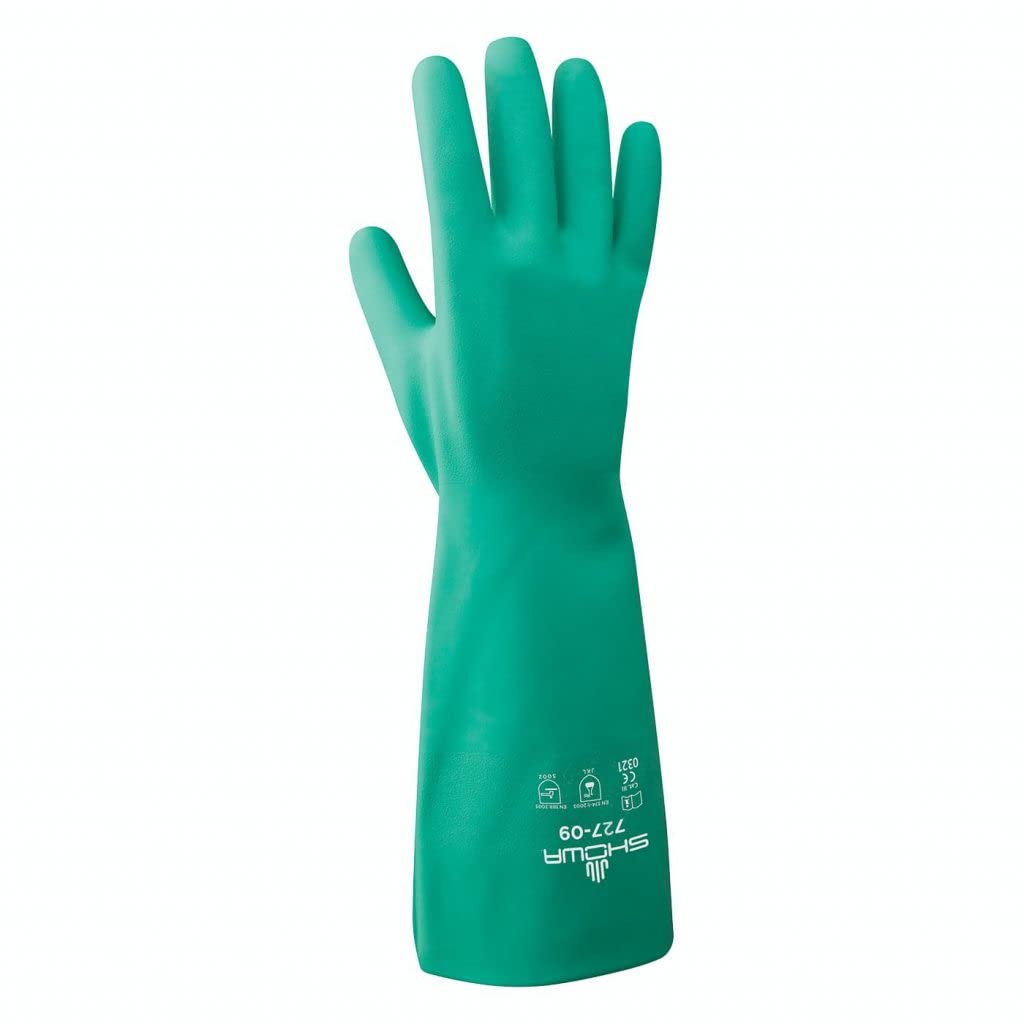 SHOWA 727 nitrile glove with dry-work surface showing abrasion resistance.
