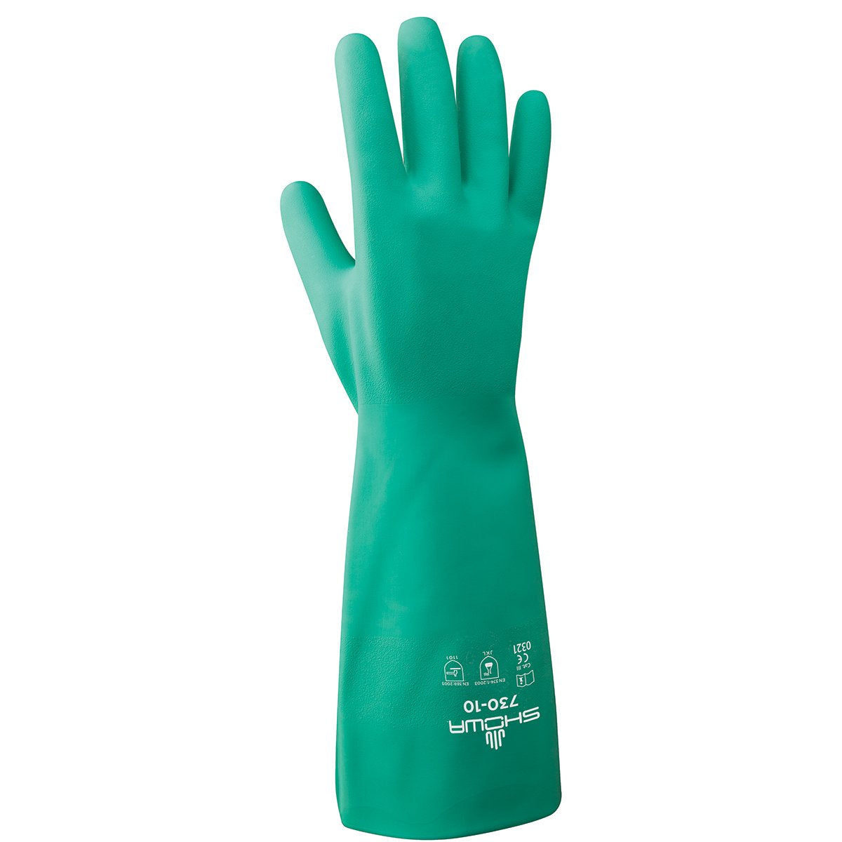 SHOWA 730 nitrile glove front view with improved wet grip for safer handling.