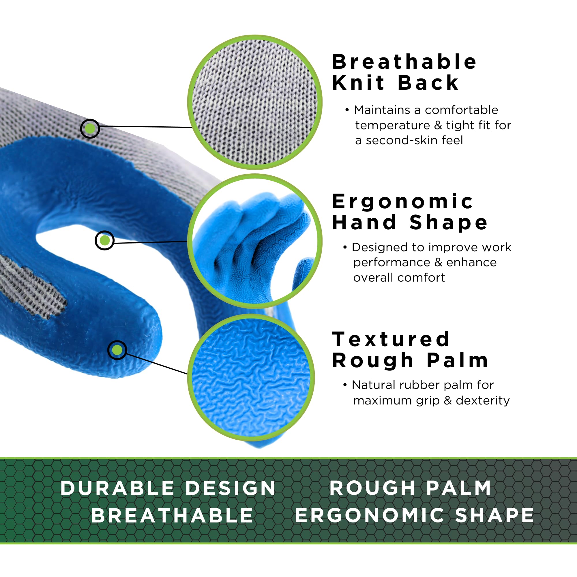 SHOWA Atlas 300 rough-grip palm for dependable hold in wet and dry conditions.