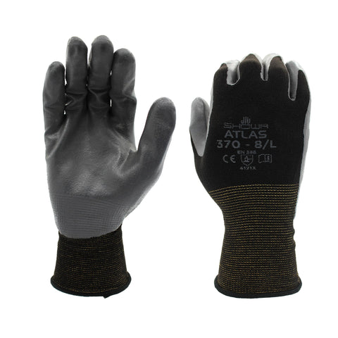 SHOWA Atlas 370 nitrile palm-coated gloves closeup highlighting precise grip for dry tasks.